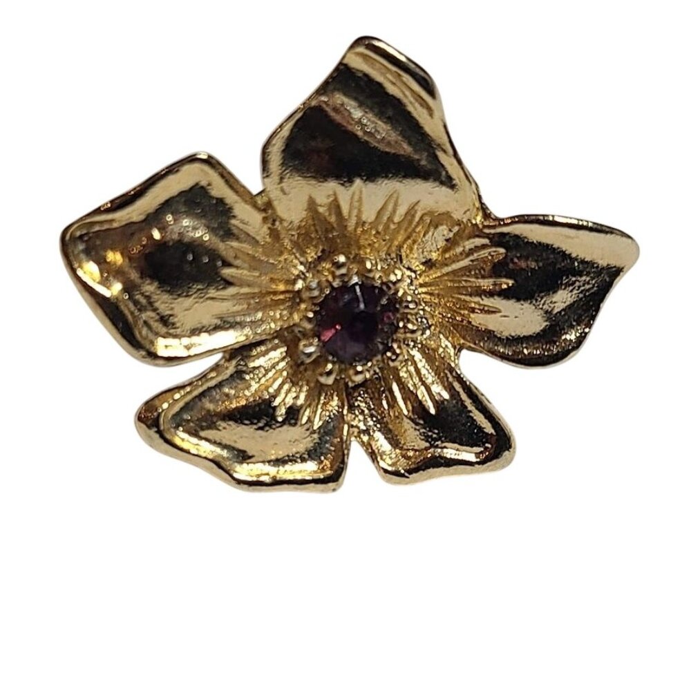 Gold Tone Flower Lapel Pin Purple Rhinestone Center Vintage Style Brooch